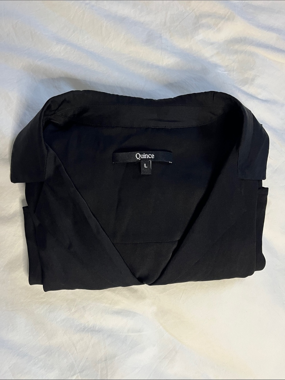 Quince Black Washable Stretch Silk Notch Collar Blouse size Large staple piece - Picture 8 of 8